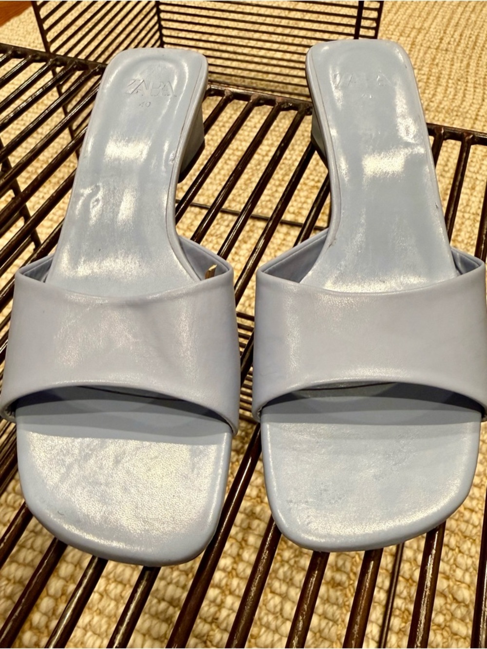 ZARA Light Blue Slide Sandals Block Heel Square Toe Size 40 / US 9